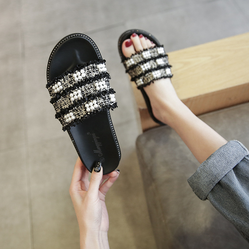 Korean version of fashion NEW women 2025 summer new pearl sequin braided flip-ps wear large size slippers 33-43