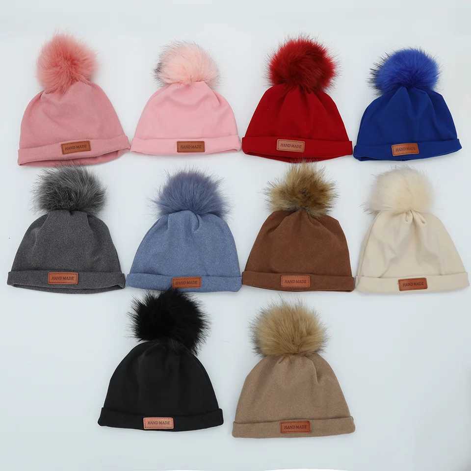 Pompom Faux Cashmere Baby Turban Hats Leather Stick Warm Winter Caps Newborn Boys Girls Beanies Bonnet Kids Headwraps HeadwearXJ241213