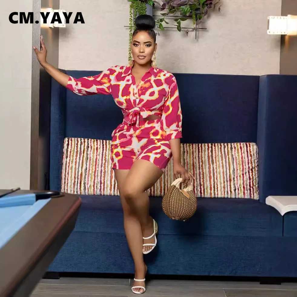 Women's Two Piece Pants CM.YAYA Womens Set Half Slve Print Shirt and Pencil Shorts Suit 2024 Autumn Active Strt Two 2 Piece Set Outfit Tracksuit 