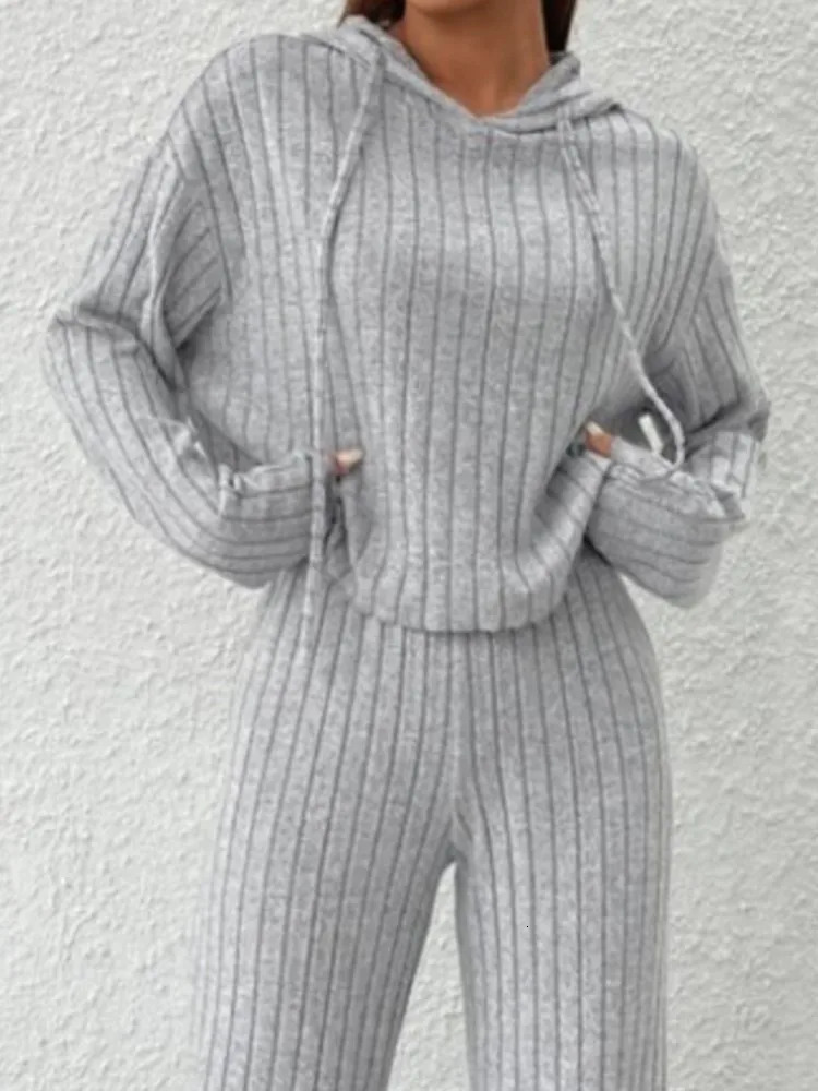 Fashionable Longsleeved Hooded Top Pants 2piece Set For Women Autumn Winter Solid Color Loose Knitted Sweatshirt Suit Female 241203