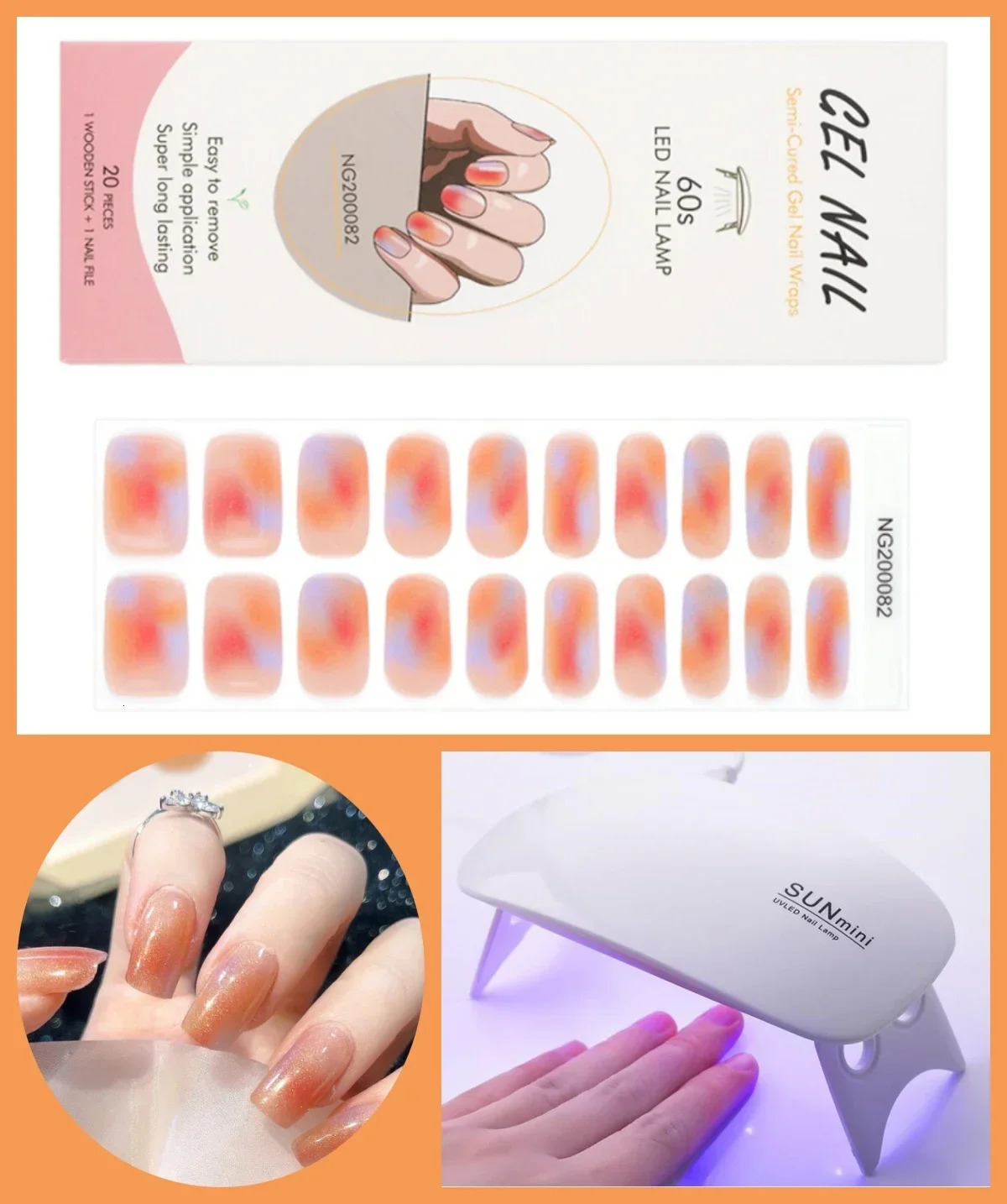 2 pieces/set of semi curing gel nail strip stickers with 6W UV lamp baking adhesive durable full set of DIY handle set 241205