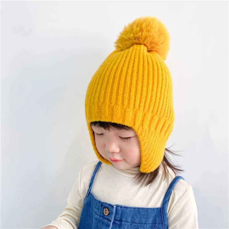 Winter Baby Beanie Hat With Earflap Fur Ball Winter Woolen Knitted Hats For Kids Outdoor Warm Girls Boys Ear Protection CapXJ241213