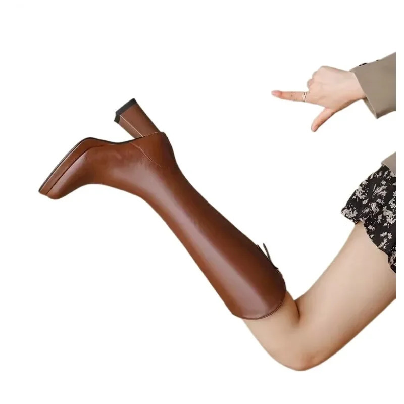 2024 Women Boots Zipper Thick High Heels Simple Thick High Heels Autumn Winter Boots Knee High Boots Plus Size 35-43 241213