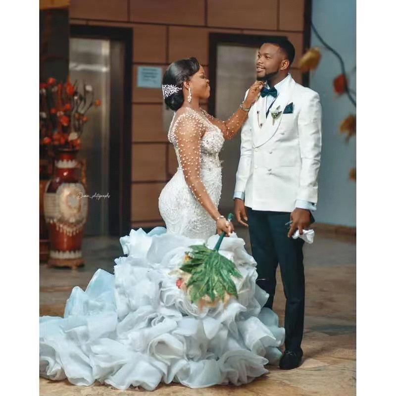 Shinny Full Beads Crystals Mermaid Arabic Aso Ebi Wedding Dress Long Sleeves Tiered Ruffles Bridal Gowns bc19872