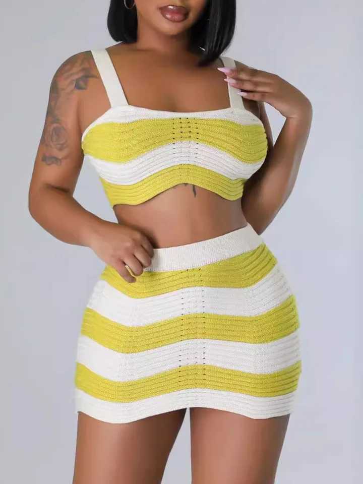 Women's Two Piece Pants LW Scalloped Mesh Striped Skirt Set summer 2pcs Fashion Outfits slveless crop top Tank + mini skirt sets women Matching Y