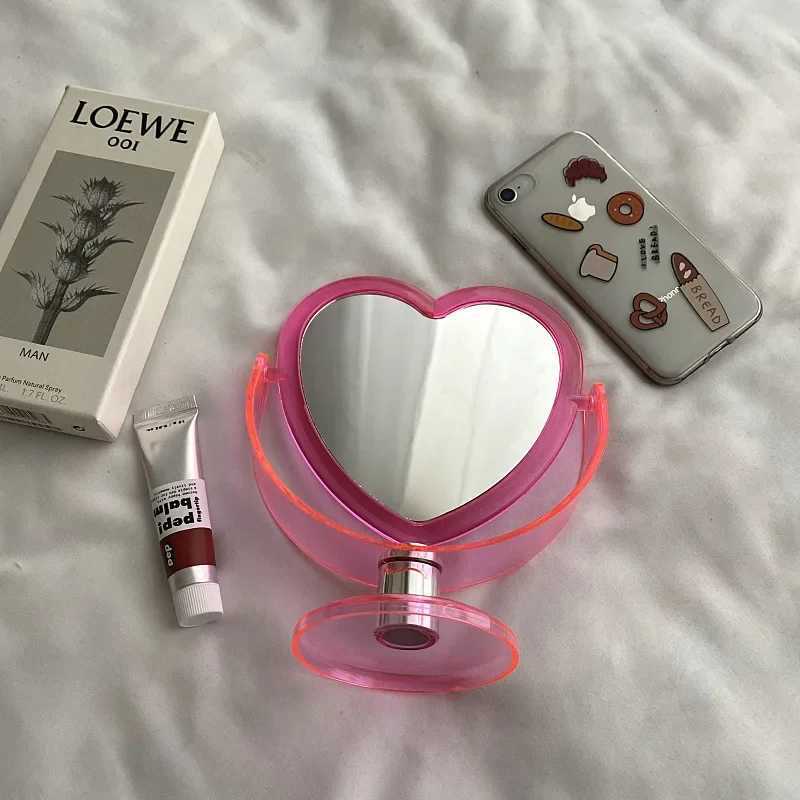 Korean Style Heart Shaped Cosmetic Mirror Acrylic Transparent Base Makeup Mirror Double Side Home Bedroom Desktop MirrorXJ241213