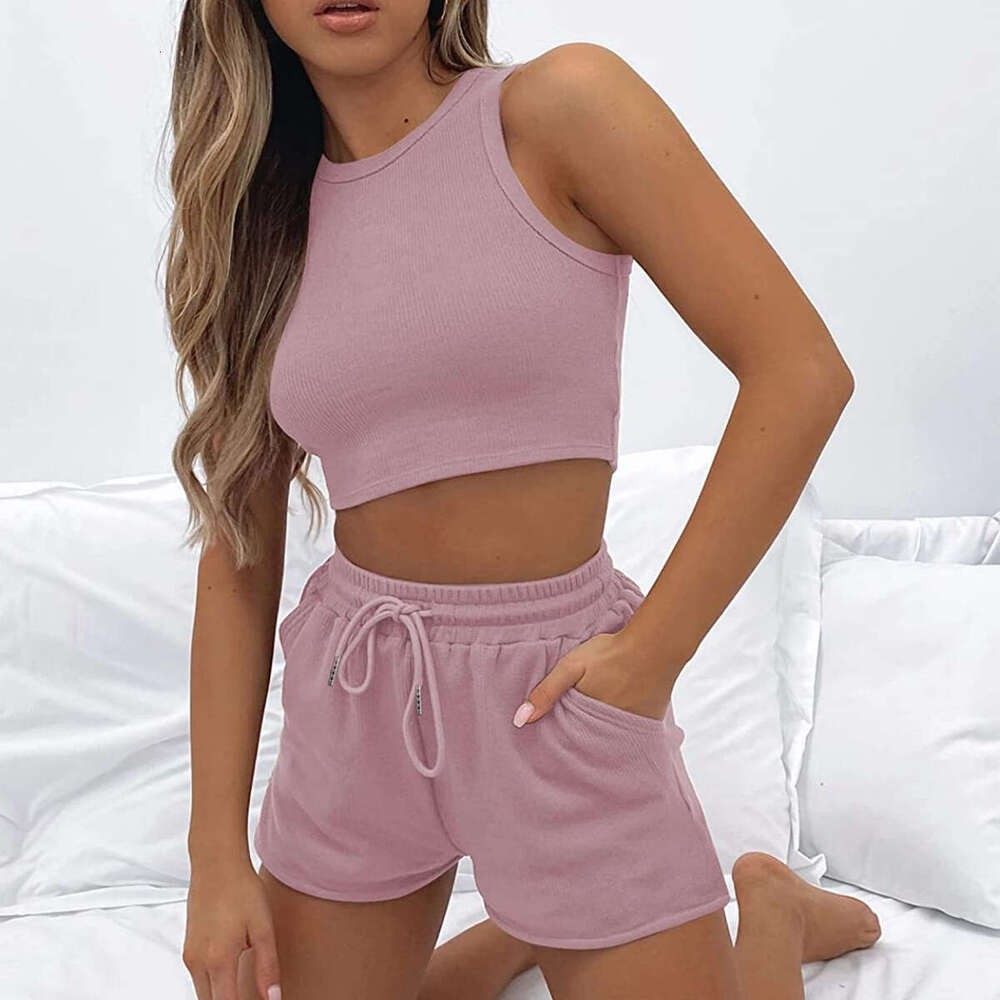Summer New Sleeveless Waffle Suit Solid Color Vest Short Set 2-Piece Women's Trendy Clothing Fashion Casual Temperament