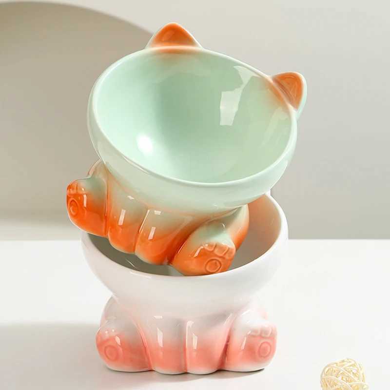 Cat Feeders Gradient Ceramic Cat Bowl Pet Bowl Cat Dining Bowl Drinking Water Pet Supplies Dog Bowl Cat Basin Cat Shaped Feeding Bowl z241213