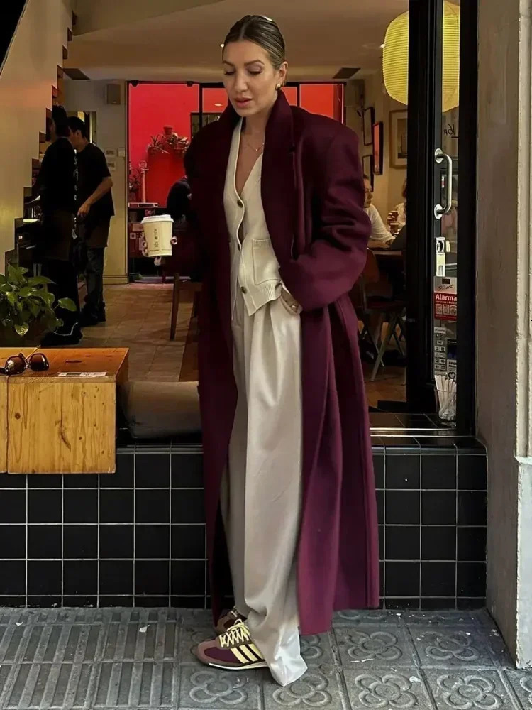 Women Burgundy Red Color Lapel Long Coat Elegant Chic Double Breasted Sleeve Overcoats Autumn Oversize Casual Streetwear 241213