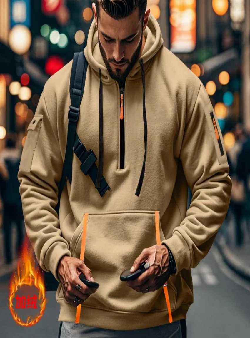 Autumn and winter hot new fashion plus velvet hoodie arm zipper pocket casual sports high quality mens pullover top W241213