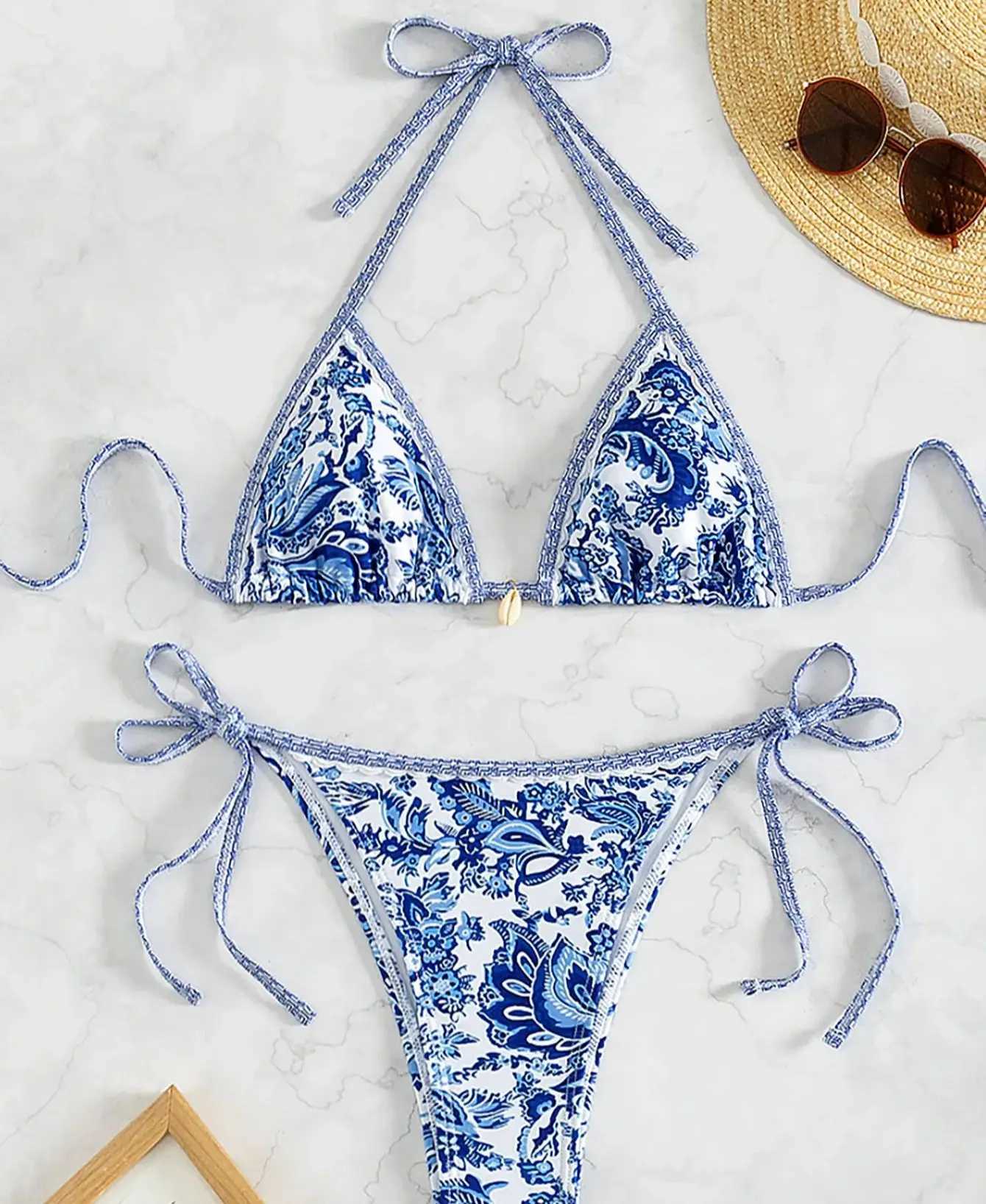 Print Flower Bikini Set Triang Pad Bra Low Waist Triang Beach Shorts Strip Tie Swimming Suit Fa Sexy SwimwearXJ241212