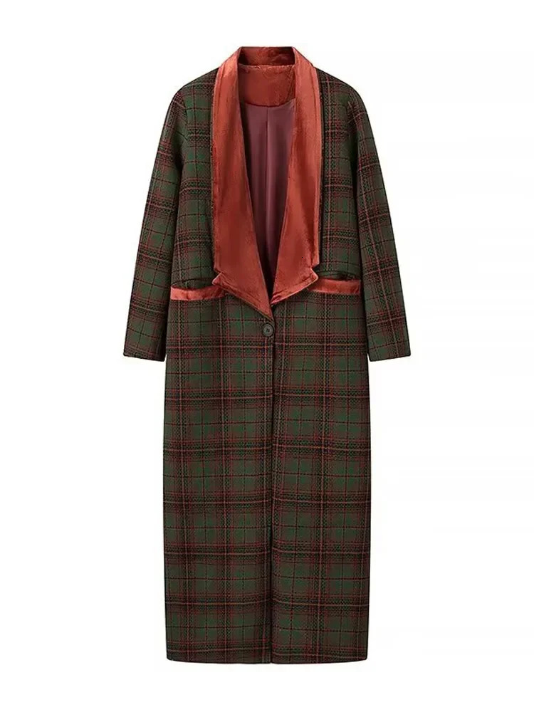 Women Plaid Printing Velvet Lapel Wool Blends Overcoat Fashion Button Double Pocket Long Coats Lady Warm Street Outwear 241213