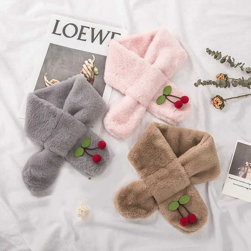 Scarves Wraps Cartoon Cherry Plush Baby Scarves Autumn Winter Warm Furry Infant Toddler Scarf Soft Thick Faux Fur Newborn Girl Boy Neckerchief H241213