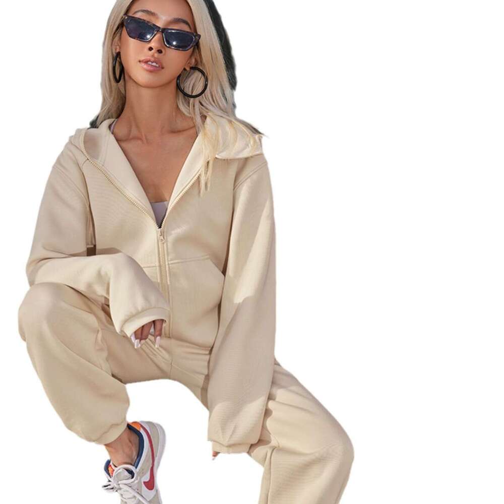 Spring Autumn European American Women's Solid Color Hooded Long Sleeved Ankle Binding Sports Two-Piece Set, Trendy Clothing, Fashionable And Casu