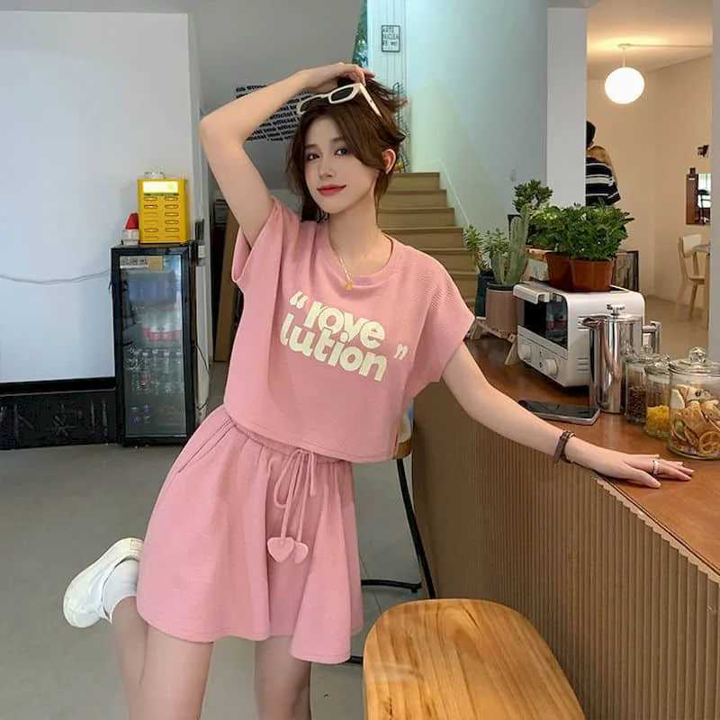 Women's Two Piece Pants Swt Set Women Summer Loose 2024 New Waffle Sports Shorts Slve Two Piece Sets Women Outfits Loose Fit Sporty Printing Y241