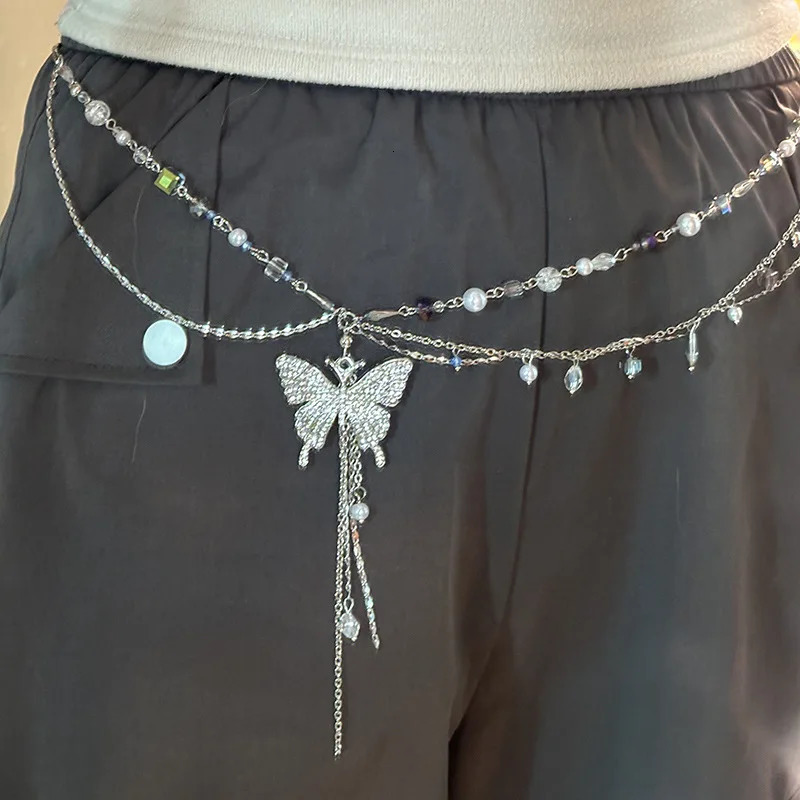 Romantic Crysta Butterfly Waist Chain For Women Beaded pearls Tassel Metal Belt Female Lady Body Chains Dress Decor Strap 241213