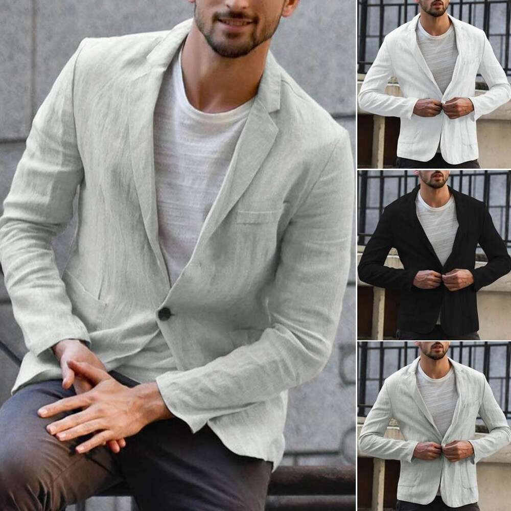 Cross Border Foreign Trade Men's Autumn Cotton En Loose Solid Color Thin Style Regular Casual Suit Jacket Fashionable Quality Classic