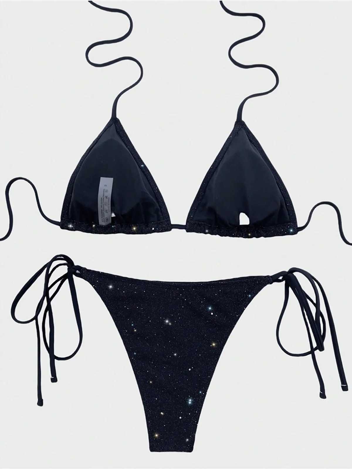 Glitter Sparkling Halter High g Cut Bikini Fa Swimsuit Women Swimwear Two-pieces Bikini set Bather Bathing Suit Swim K5501XJ241212