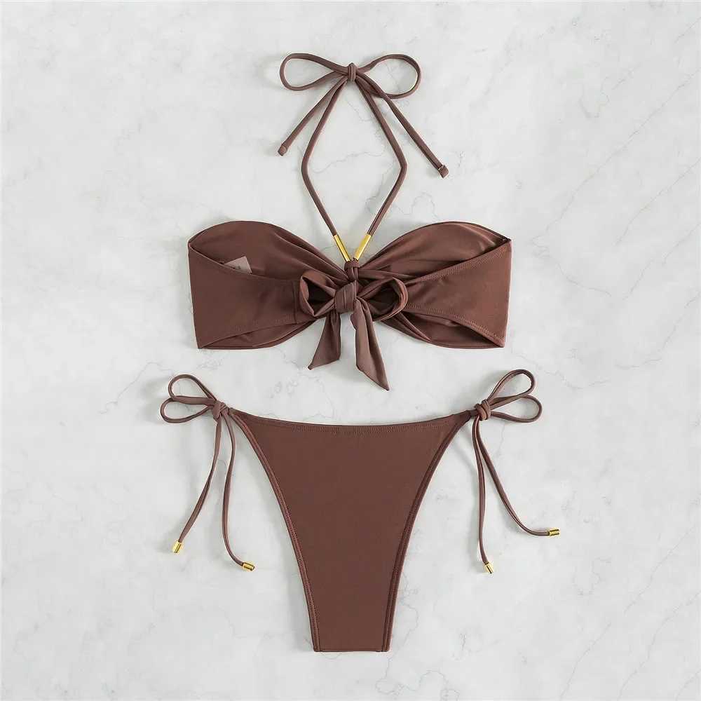 brown Swimwear string halter bandeau Bikinis sets Micro Thong sexy Swimsuit women knotted Bathing Suit Bikini mujer 2025XJ241212
