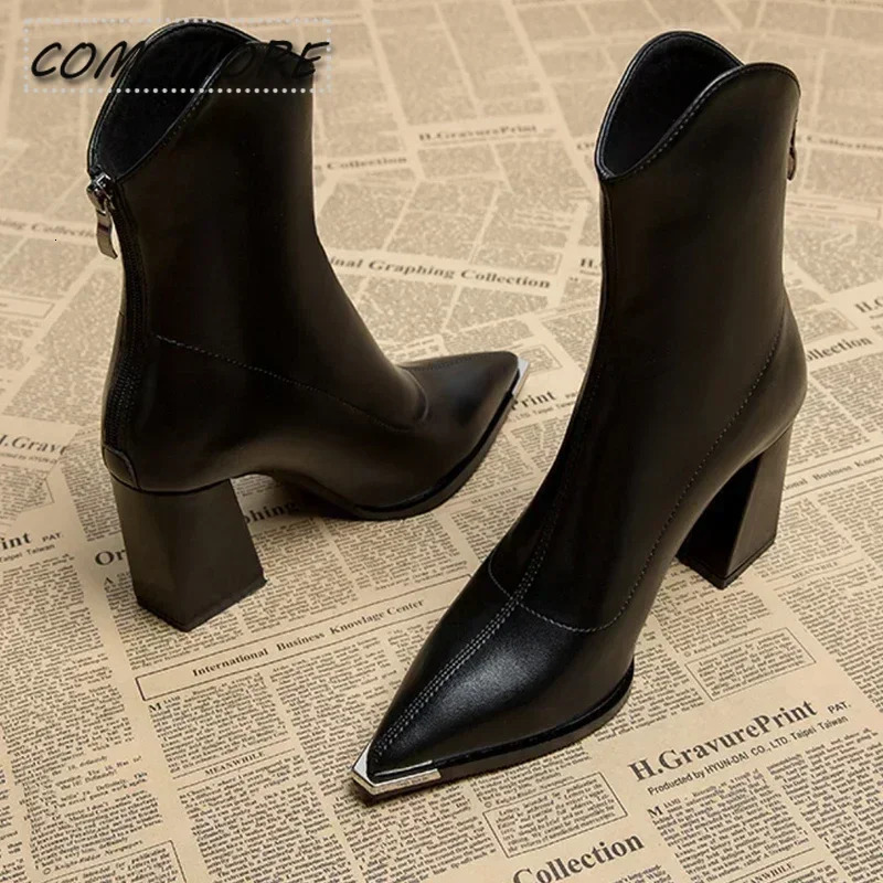 2024 Winter High Heels Sexy Womens Shoes Short and Fat Ankle Chelsea Boots Fashion Corner Toe Zipper Gothic Pump Black Brown 241213