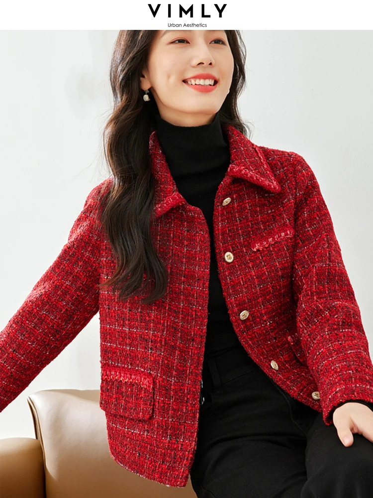 Vimly Winter Red Tweed jacket is suitable for womens office and womens workwear business jacket long sleeved lapel straight short jacket M3309 241205