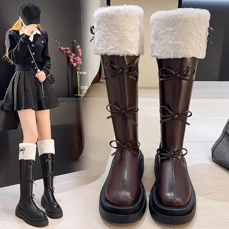 Womens leather velvet knee high boots winter fashion bow platform knight boots womens fashion cross series Botas drone 2024 241213