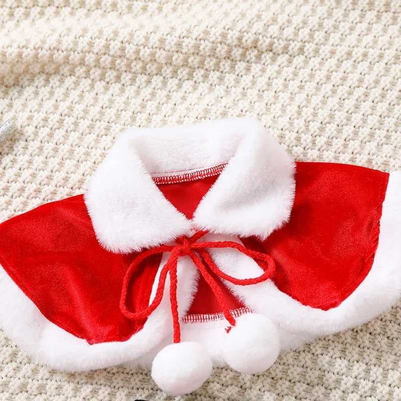 1-4T childrens and girls 2-piece Christmas clothing with contrasting color splicing collar plush ball tie shawl top elastic waist skiing set W241213
