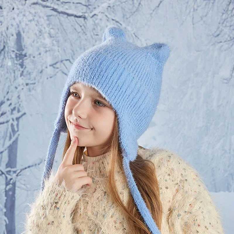 New Children Hats Cute Cat Ear Knitted Wool Hat Winter Boys Girls Babies Ear Protection Hoods Fashion Outdoor Warm Colorful CapsXJ241213