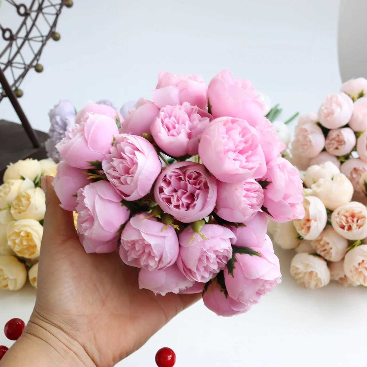 27 Heads Rose Pink Peony Artificial Flowers Silk Bouquet Roses Fake Flower for Table Vase Arrange Home Wedding Decoration FlowerXJ241212