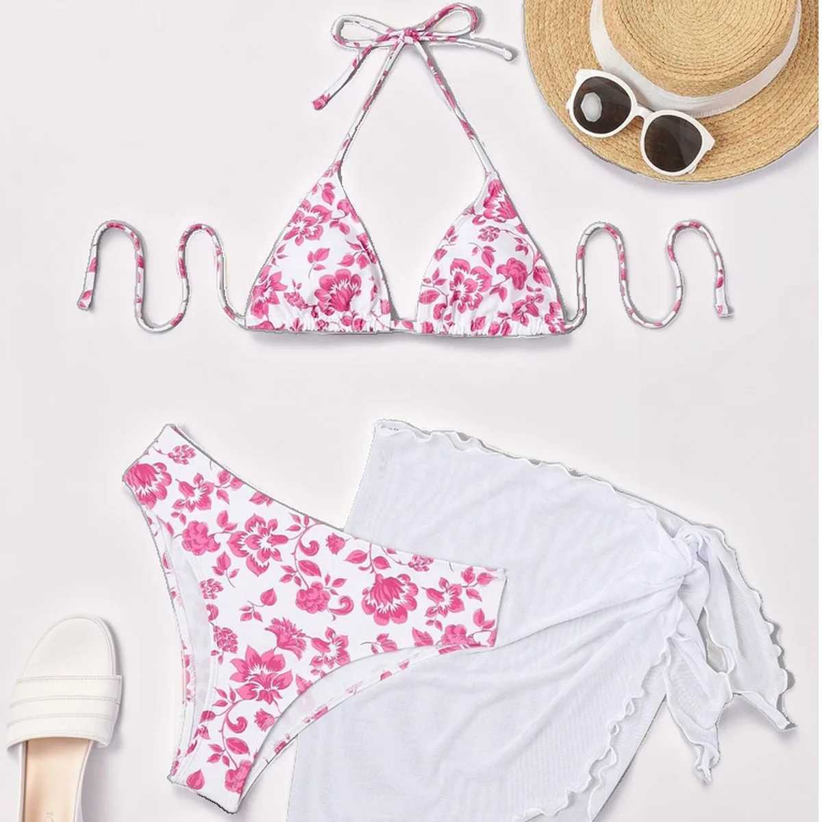 Roupas Finina New Beach Sty Bikini 2025 Women Spliced Floral Bikini Sexy Three-piece Lace-up Bikinis Sets Chic Bikini BK1366XJ241212