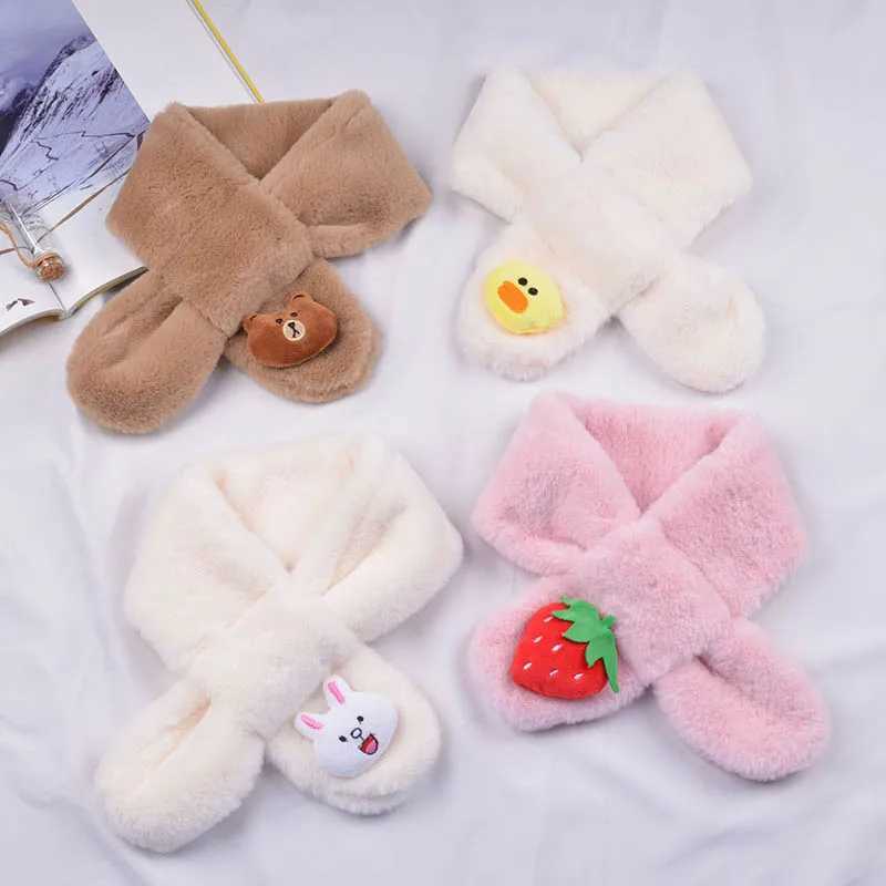 Scarves Wraps Winter Push Baby Scarf Cute Rabbit Bear Doll for Boy Girl Warm Soft Faux Fur Kids Cross Neckerchief H241213