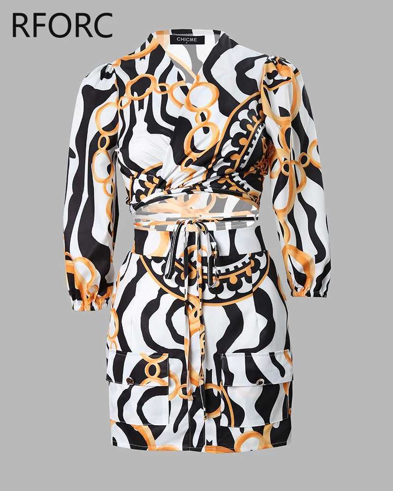 Women's Two Piece Pants 2024 Women Allover Print Lace Up Thr Quarter Slves Top Bottom Fashion Two Pieces Skirt Sets Y241213CCT2