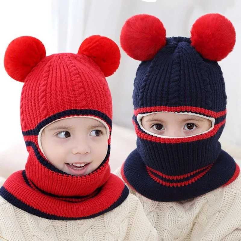 2-5year kids knitted hat winter warm woolen hat mask scarf one-pieceXJ241213