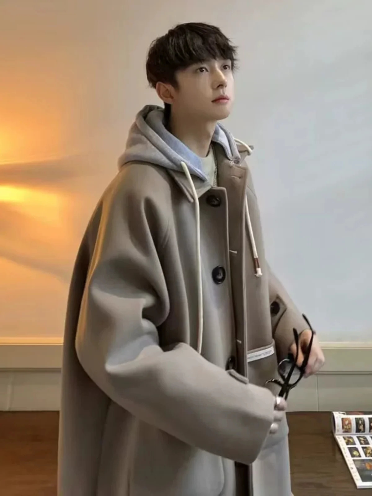 Autumn Winter Thick Woolen Coat Mens Loose Fitting Twopiece Hooded Trench Trendy Windbreaker Mid Length Jacket 241213