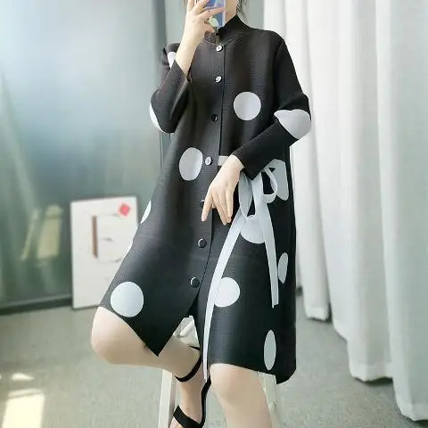 Wool Blends Pleated Ladies Windbreaker Jacket Autumn Singlebreasted Stand Collar Lightly Cooked Print Polka Dot 241213