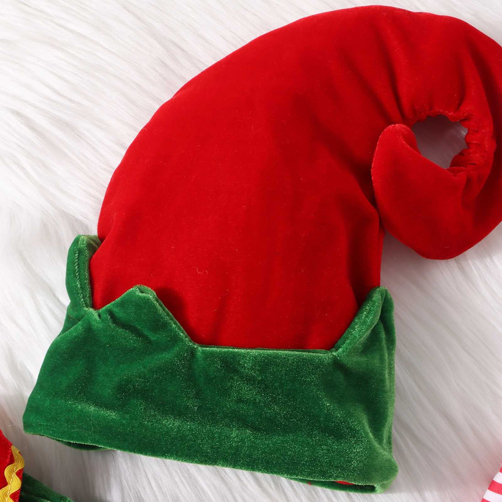 BeQeuewll Preschool Girls Christmas Elf Costume Contrast Color Short Sleeve Doll Collar Dress Hat and Striped Sock Set W241213