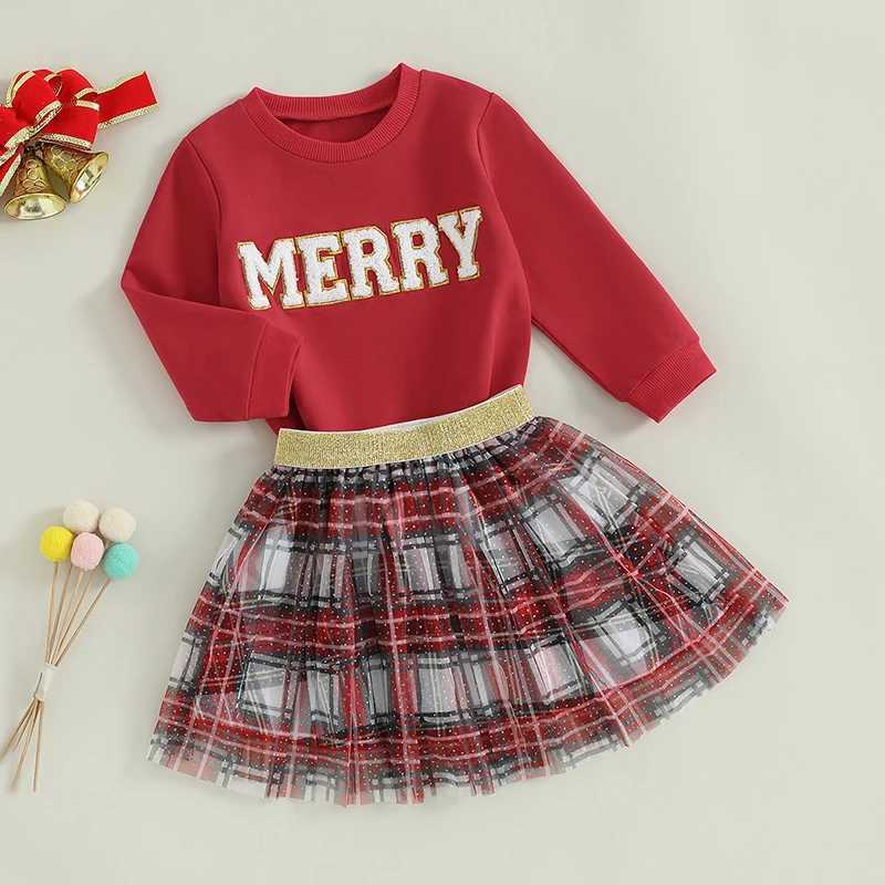 FOCUSNORM 1-6Y Fashion Preschool Girls Autumn Clothing Set Christmas Letter Embroidered Sports Shirt Top+Plain Lace Skirt W241213