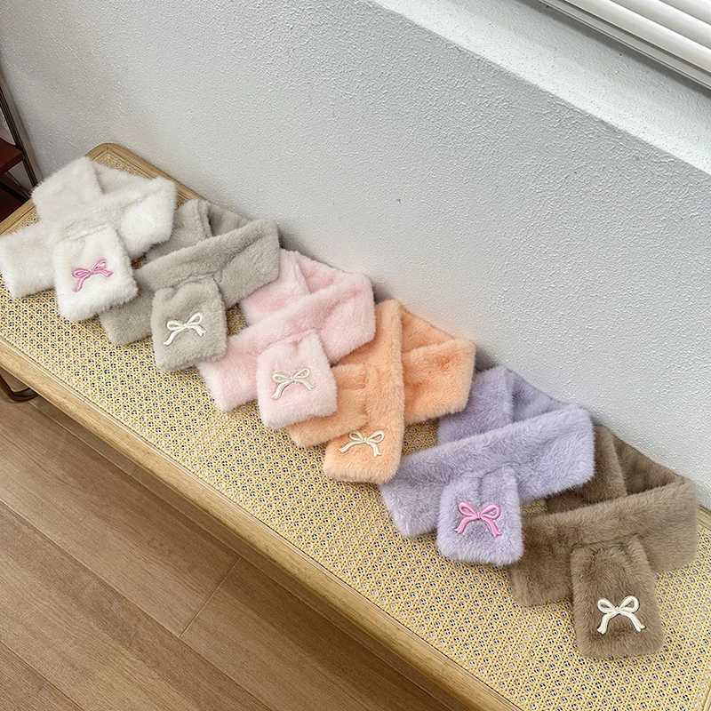 Scarves Wraps Embroidered Bow Baby Plush Scarf Winter Warm Children Neckerchiefs Korean Kids Cross Neck Covers Sweet Girl Fur Collars 2-8Years H241213
