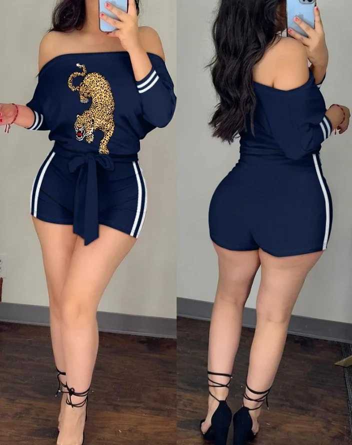Women's Two Piece Pants Skinny Jumpsuit Shorts Women Striped Leopard Print Tied Detail Romper New Female Casual Conjoined Body Half Pants Summer 