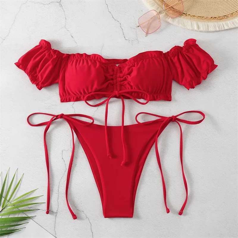 Sexy String Bikini 2024 Red Off Shoulder Swimsuit Fa Swimwear Women Thong Bikinis Set Bather Swimming Beachwear Bathing SuitXJ241212