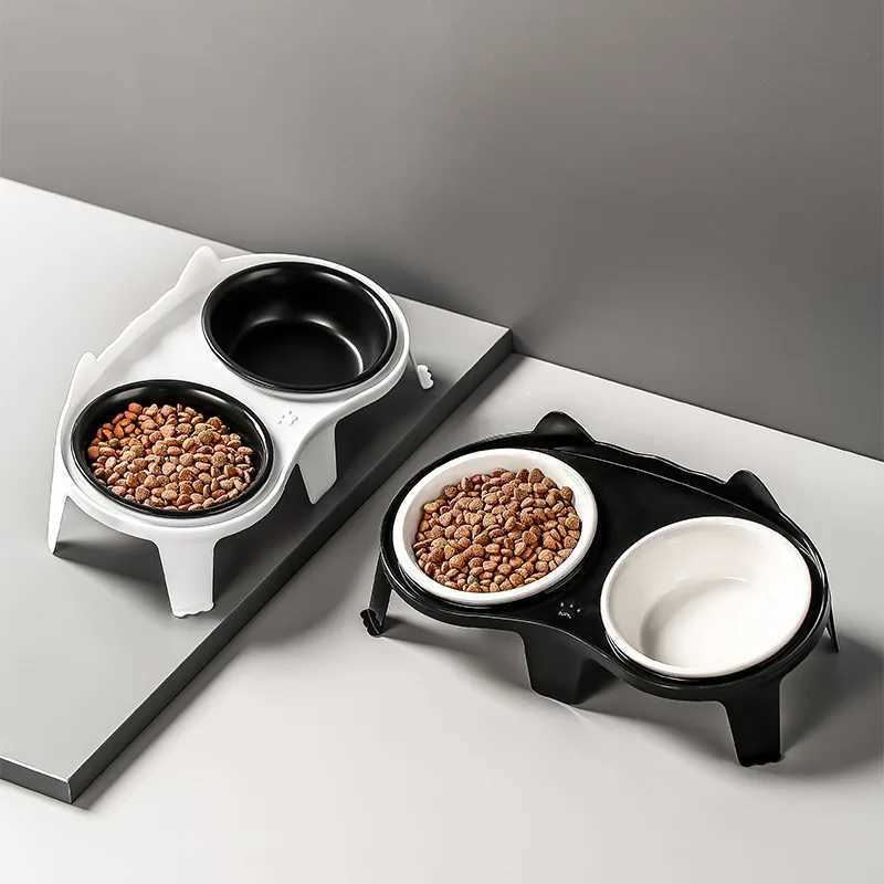 Cat Feeders Cat Double Ceramic Bowl with Plastic Stand Pet Elevated Raised Food Water Bowls Small Dogs Drinking Eating Feeding Supplies z241213