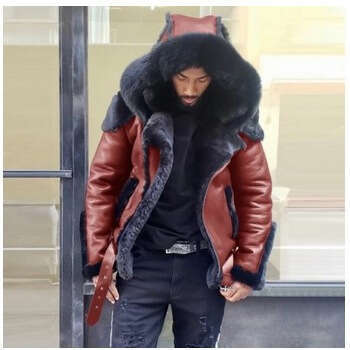 Men's Faux Leather And Plush Thickened Fur One-Piece Short Zipper Hooded Men's Coat