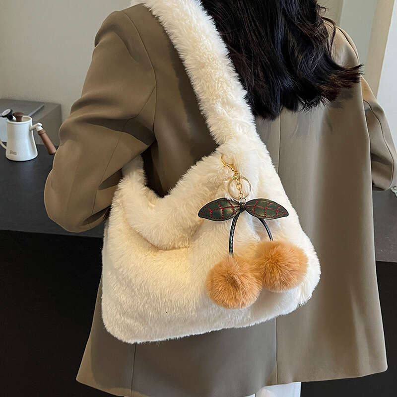 Cute Plush Cherry 2024 Autumn/Winter New Single Shoulder Tote for Women, Internet Celebrity, High end Hairy Crossbody Bag