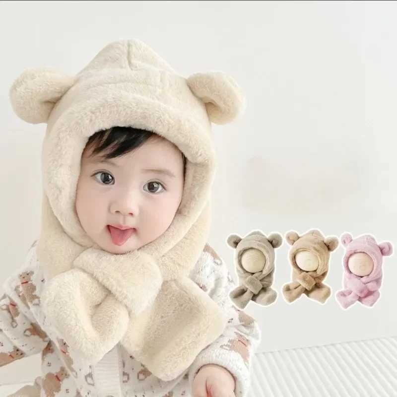Winter Baby Hat Scarf One-Piece Faux Fur Kids Hats Bear Warm Neck Ear Cap for Boys Girls Windproof Beanies Infant StuffsXJ241213