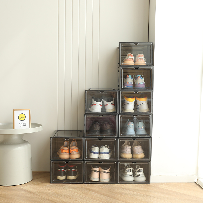 New side opening transparent basketball shoe box acrylic magnetic foldable flip storage shoe box shoe storage box
