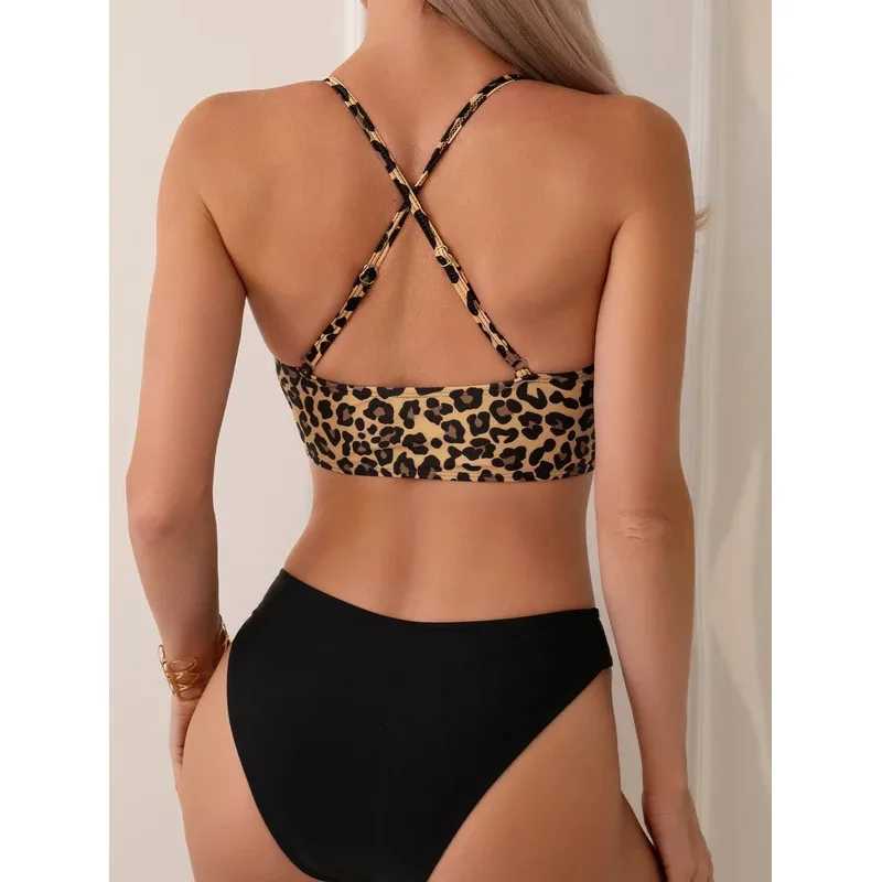 Sexy opard print cross bikini set 2024 women halter push up black high waist swimsuit summer bathing suit two piece swimwearXJ241212