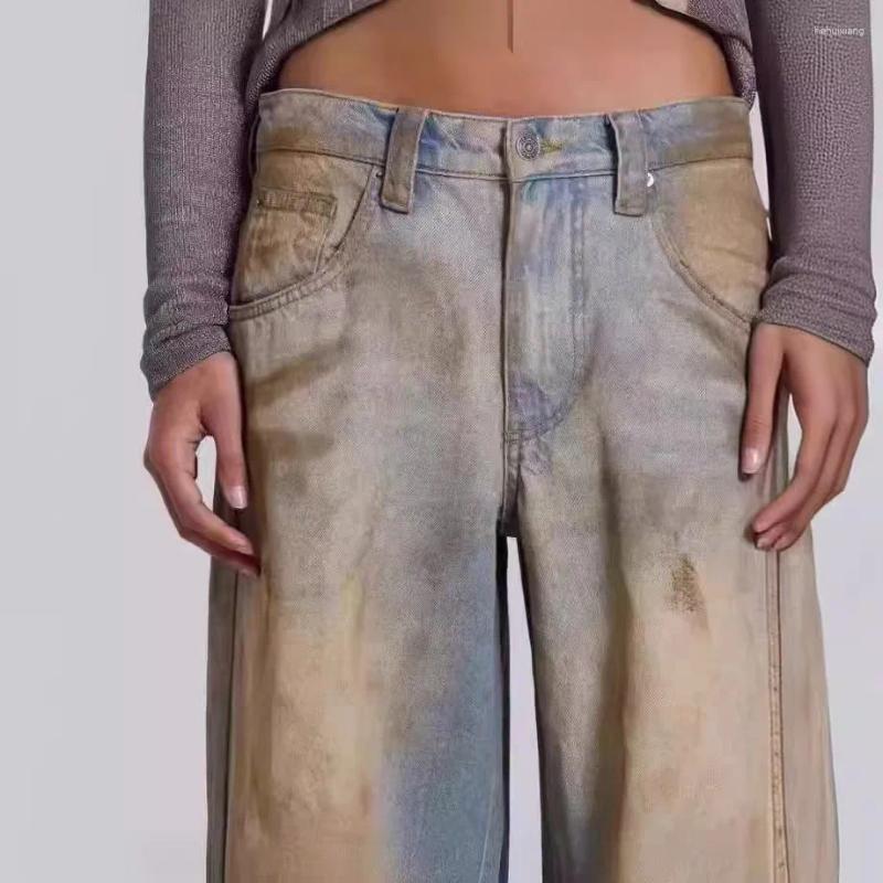 Women's Shorts Jaded London Yellow Full Same Style Dirty Stained Blue Fading Distressed Straight Leg Jeans Mid Pants