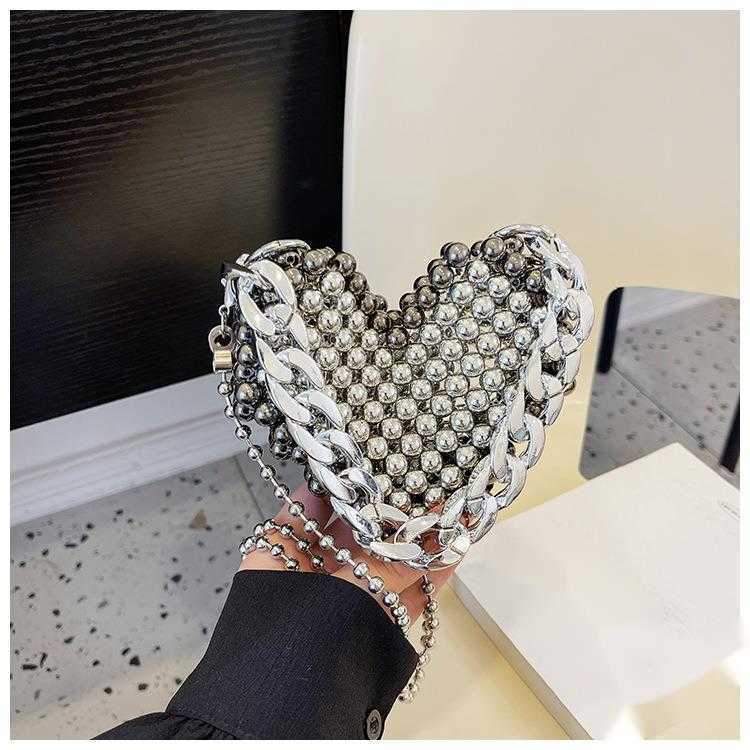 Mini Womens Beaded Love Handbag Summer New Banquet Bag Chain Cross Shoulder Bag