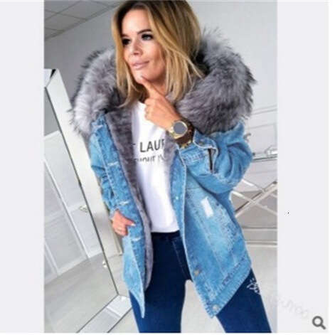 European American Retro Big Fur Collar Denim Jacket With A Warm Fluffy Texture, Mid To Long Cut Distressed Coat, Trendy, Fashionable, And Classic Qual