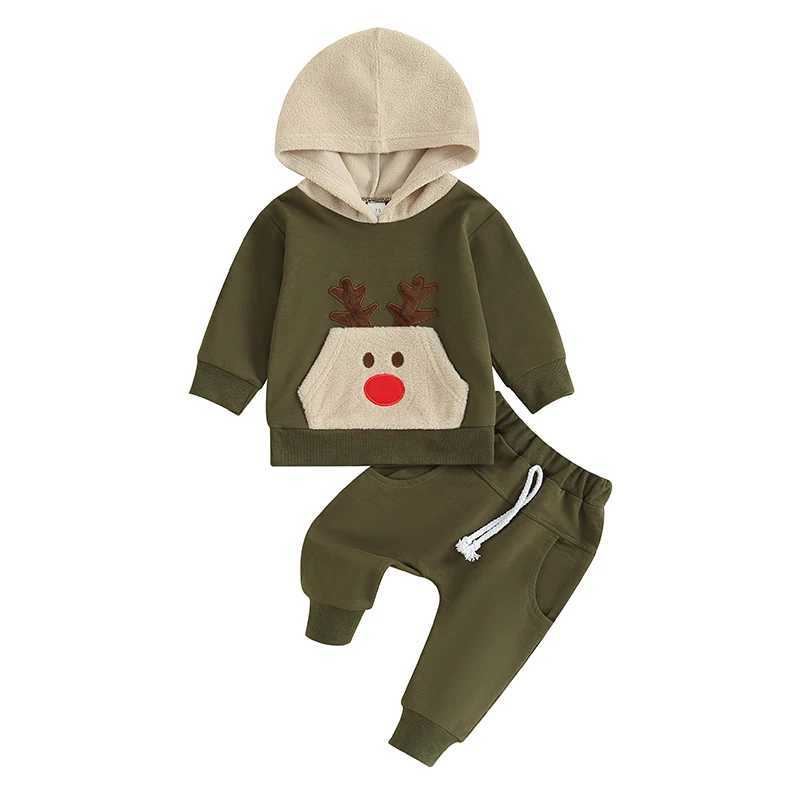 FOCUSNORM 0-3Y Toddler Baby Boys Christmas Clothes Sets Deer Print Long Sleeve Pocket Hoodies Pullover Tops Elastic Waist Pants W241213